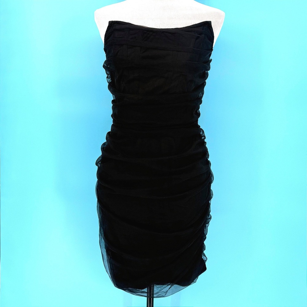 PrettyLittleThing Black Ruched Mesh Strapless Mini Dress NWT Goth Vamp
